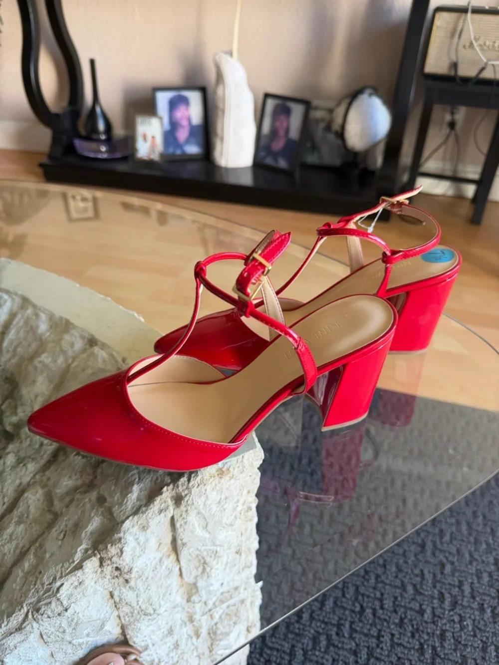 Nine West Red Patent T-Strap Pointed Toe Pumps - Picture 3 of 4